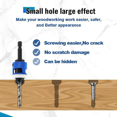 Heavy Duty Adjustable Depth Stop Carbide Countersink Bit Set With HSS M2 Tapered Drill Bits angled over wood for precise screw placement.