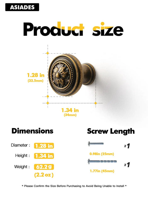 Top Tier Zinc Alloy Cabinet Knobs And Drawer Pulls Antique Brass Finish Five Pack Vintage Hardware For Kitchen Remodel Big Time Home Glow Up No Fuss Upgrade with dimensions and screws displayed.