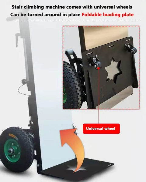 Smooth Electric Stair Climber Hand Truck Battery Powered Trolley Motorized Moving Cart For Home Relocation Heavy Duty Loader Tool with universal wheels and foldable loading plate.