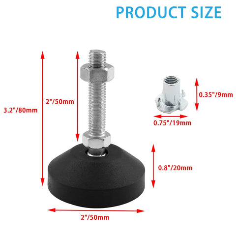 Shop Grade Adjustable Leveling Feet With T Nut Bolts, Four Pack Rubber Cushioned Bases, M8 Thread Kit For Wobbly Tool Cabinets And Workstations Staying Dead Level Always, showing dimensions.