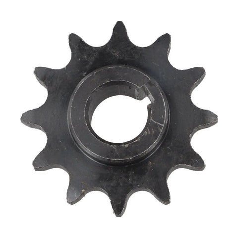 Heavy Duty Steel 12 Tooth Drive Sprocket Fits 40 41 420 Chains With 5/8 Inch Bore Hole For Industrial Machinery Black Replacement Part angled view.