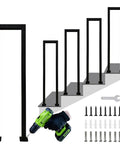 Rock Solid Matte Black U Shaped Handrails For Indoor And Outdoor Stairs Featuring Non Slip Grip And Classic Wrought Iron Build That Kicks Up Clean Style For Your Basement Or Backyard Deck, shown with installation tools and parts.