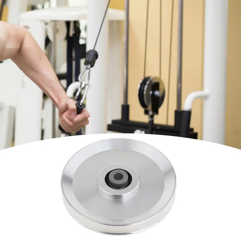 CNC Machined Bearing Pulley Wheel For Strength Training Equipment And Gym Machines 120mm Silver Aluminum Alloy Replacement Part showing cable use