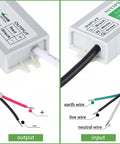 Close-up of Rugged 60W Waterproof IP67 LED Driver Power Supply with 24V DC output, showing input and output wiring diagrams.
