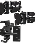 Heavy Duty Self Locking Gate Latch And Hinges Set Built Hella Tough For Vinyl Wood And Metal Fences with black finish, hinges shown from different angles.