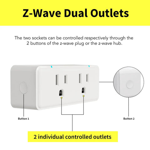 Image of a Z Wave Dual Outlet Smart Plug With Independent Sockets, Hub Required, Long Range LR Repeater for Stronger Signals displayed.