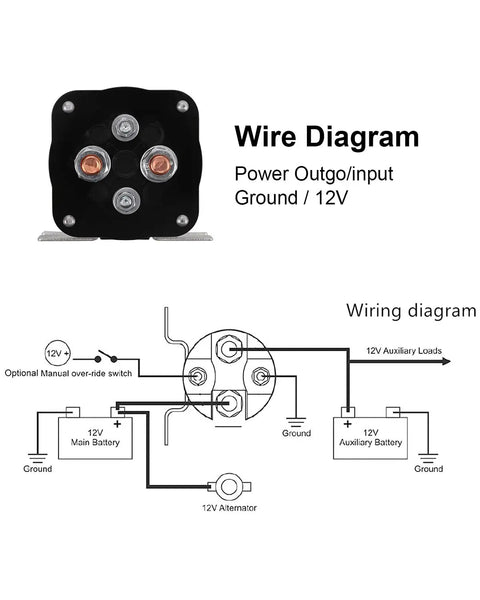 Beefy 500 Amp Battery Isolator Relay For Mobile Audio Systems, 12V Heavy-Duty Battery Separator That Isolates A Second Battery For Marine, Off-Road, Power Sports, RVs And Dashboard Electronics. wiring diagram with terminals and 12V battery connections