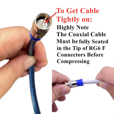 Close-up of installation using Coax Cable Crimping Tool Kit For RG6 And RG59 With Wire Stripper, includes 10 RG6 F Connectors