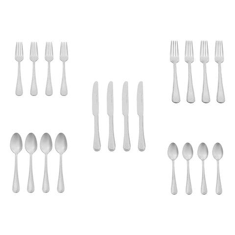 Heavy Duty Stainless Steel Flatware Set, 20 Piece Silverware Service For Four, Dishwasher Safe Pearl Edge Dining Cutlery, No Sweat Cleanup Kitchen Table Essential