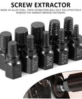 Heavy Duty 10 Piece Screw Extractor Set With Hex Head Easy Out Bolts Extractor Kit shown with sizes 1/8" to 13/32"