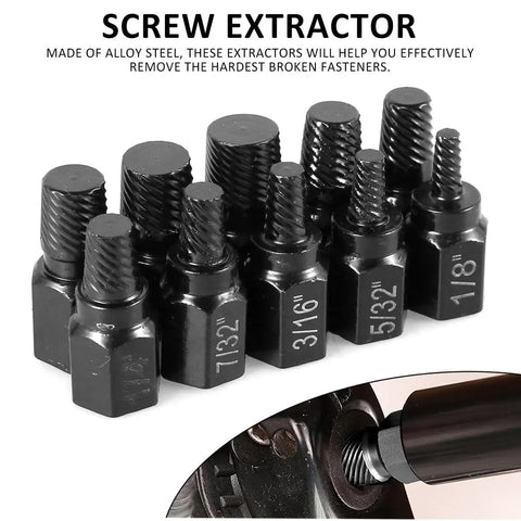 Heavy Duty 10 Piece Screw Extractor Set With Hex Head Easy Out Bolts Extractor Kit shown with sizes 1/8" to 13/32"