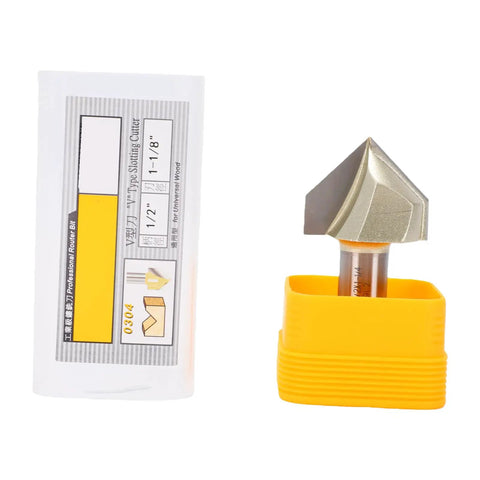 Top Notch Jauarta V Groove Router Bit With 1/2 Inch Shank And 90 Degree Flute, 1-1/8 Inch diameter cutter for smooth routing.