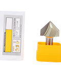 Get That Perfect V-Groove With This 1/2 Inch Shank 90 Degree Router Bit Featuring A Massive 1-1/8 Inch Dia Carbide Tipped Blade For Deep Woodworking Cuts And Clean Decorative Edging On Any Project with yellow holder.