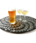 Hecka Smooth 13.4 Inch Round Lazy Susan Countertop Turnable Tray Featuring Mother Of Pearl Center And Black Wicker Boho Pattern For Kitchen Dining Or Bar Spaces with beverages.