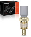 A-Premium engine coolant temperature sensor with gray plastic head and brass threaded body beside packaging box