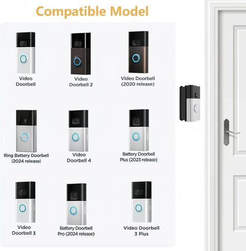 Illustration of Adjustable 30 To 55 Degree Doorbell Angle Mount For Video Doorbells 2 3 3 Plus 4 Battery Doorbell Plus Pro 2023 2024 Release Slick Wedge Kit Camera Mount Bracket For Apartment Easy Install, compatible doorbell models shown.