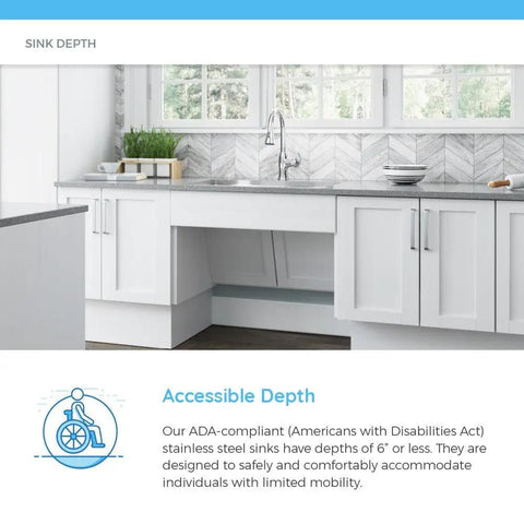 ADA-compliant kitchen with 3/4 inch radius stainless steel sink for accessible depth