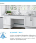 ADA-compliant kitchen with single bowl stainless steel sink, three-quarter inch radius corners, noise dampening, moisture barrier.