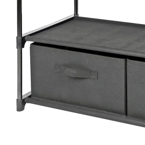 4 Shelf Closet Organizer With Black Metal Frame And Two Collapsible Fabric Bins And Straight Up Heavy Duty Vertical Shoe Rack Clutch Dorm Room And Small Space And Tidy Home Storage Solution featuring collapsible fabric bins in black.