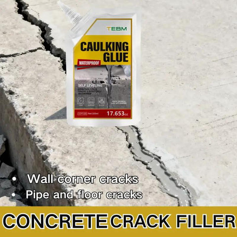 Heavy Duty Concrete Crack Filler And Sun Guard Coating For Beat Down Summer Patios That Stays Non Yellowing On Roofs Decks And Balconies While Kicking Oven Dry Heat Away, 17.653 oz bottle on cracked concrete.
