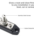 Close-up of Heavy Duty 3 Circuit Power Distribution Bus Bar Terminal With Reinforced Polycarbonate Cover, showing stainless steel screws and nickel plated brass.