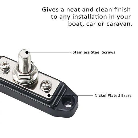 Close-up of Heavy Duty 3 Circuit Power Distribution Bus Bar Terminal With Reinforced Polycarbonate Cover, showing stainless steel screws and nickel plated brass.