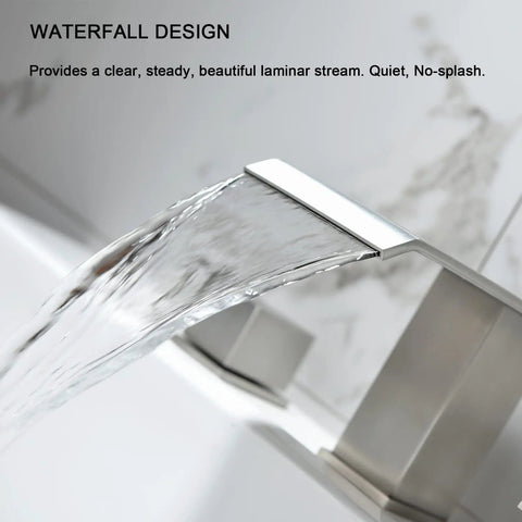 2 Handle Deck Mount Roman Tub Faucet Set in Brushed Nickel, high flow waterfall design spout detail, dual control for spa bath