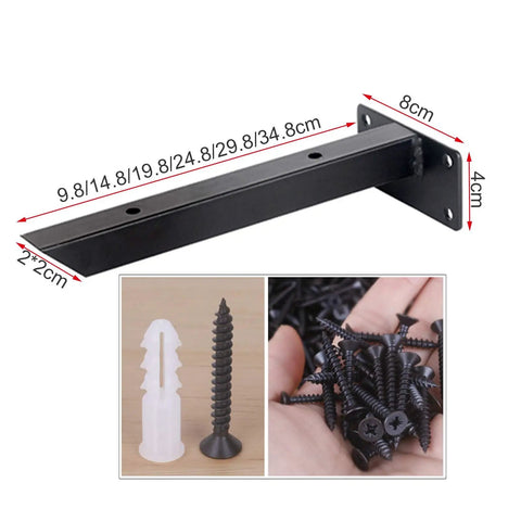 Rock Solid Wall Mounted Shelf Brackets Pack Of Two Heavy Duty Metal Supports Black Steel Finish 12 Inch Arms with included screws.