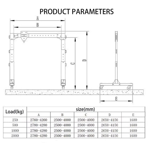 Heavy Duty Portable Gantry Crane With Four Thousand Pound Lift Capacity Adjustable Boom Shop Hoist dimensions and specifications diagram.
