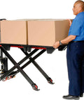 Man operating Real Deal Heavy Duty Manual High Lift Skid Jack Truck For Single Faced Pallets With Wide Poly Steer Wheels And Smooth Roll Out 2200 Lb Capacity.