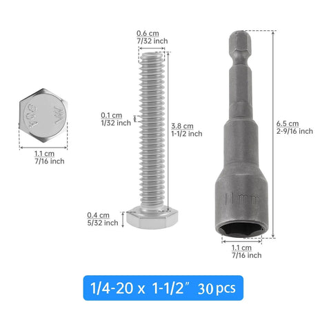 Heavy Duty 1/4-20 X 1-1/2 Inch Hex Head Bolts Set With Magnetic Nut Driver, 304 Stainless Steel Machine Screws, 30 Pieces, External Hex