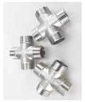 Pro Builder Grade SS304 Stainless Steel Four Way Cross Pipe Connector Male Bspt Thread Plumbing Fitting multiple sizes, showing three connectors from different angles.