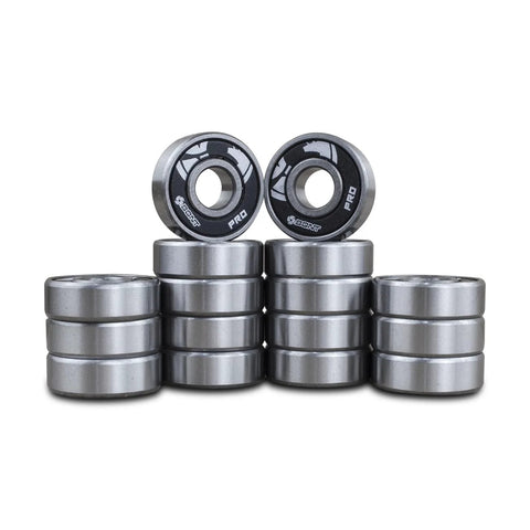 Front view of Bont Pro Racing 608 skate bearings, 16-pack, silver with black shields.