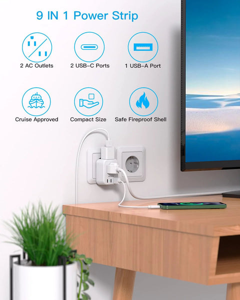 9-in-1 power strip with 2 AC outlets, 2 USB-C ports and 1 USB-A port; compact white with fireproof shell at wall outlet.