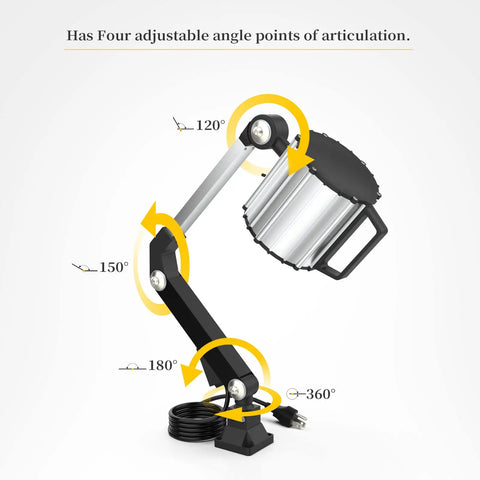 Waterproof Aluminum Alloy Work Light With Adjustable Long Arm For Lathe CNC Milling Drill Press And Workbench, 12W LED, shown with articulation points