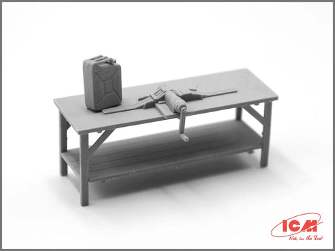 Plastic Military Aircraft Crew Figure Kit With RAF Pilots And Ground Crew From 1939 1945 workbench with can and tool, 1:48 scale
