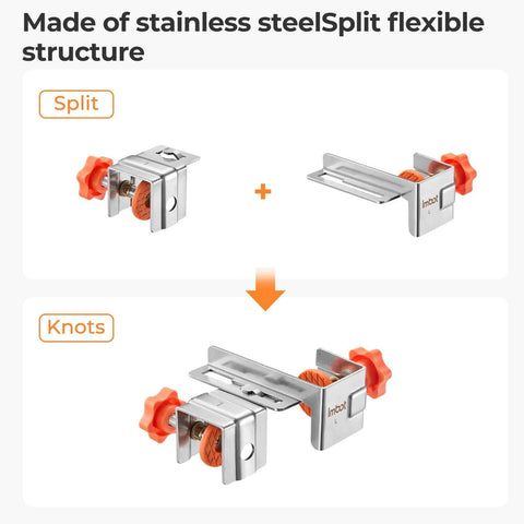 Drawer Front Installation Clamps Adjustable Cabinet Mounting Hardware For Home Kitchens Offices And Living Rooms DIY Friendly Easy Install Secure Drawer Front Alignment To Drawer Boxes With Easy Precise Woodworking Tools, showing stainless steel clamps with orange knobs.