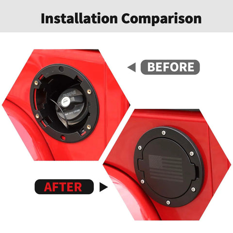 Installation comparison of Jeep Wrangler JK Fuel Filler Door Cap Cover Accessory For 2007 2017 2 Door 4 Door Rubicon Sahara Unlimited US Flag.