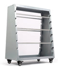 Adjustable Wire Spool Rack With Six Rods And Built In Wheel for cord reel storage, featuring side slots, mounted wheels.