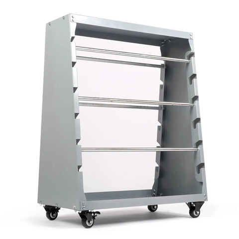 Adjustable Wire Spool Rack With Six Rods And Built In Wheel for cord reel storage, featuring side slots, mounted wheels.