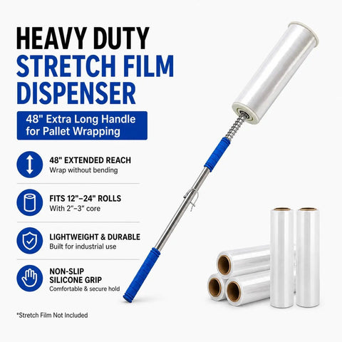Heavy Duty 48 Inch Stretch Film Dispenser Pole Holder Long Handle For Easy Pallet Wrapping Back Saver Workhorse Ergonomic Tool Fits 12 To 20 Inch Film Rolls With 1.5 To 3 Inch Core Ideal Warehouse Packaging, 48 inch pole with blue grip