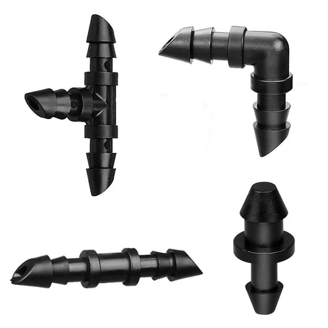Drip Irrigation Fittings Kit For Quarter Inch Tubing, 110 Piece Set With 50 Couplings, 30 Tees, 20 Elbows, 10 End Plugs