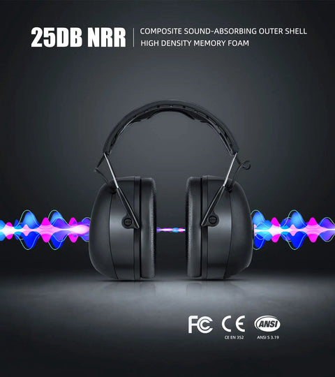 Bluetooth Five Point Three Hearing Protection Earmuffs with NRR 25dB, black, shown with sound wave graphics and certifications.