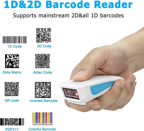 Hand holding Pocket Sized Wireless Barcode Scanner Bluetooth 1D 2D Reader For POS Ultra Fast Precise Auto Scan On The Go