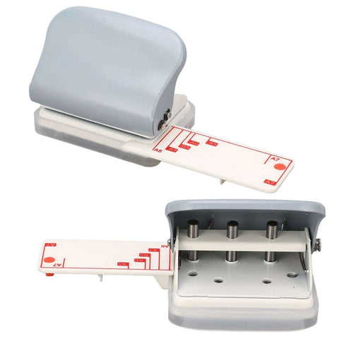 Portable Handheld 3 Hole Paper Puncher With 5 Sheet Capacity, Built Tough With All Metal Construction, gray, front and open side view.