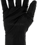 Heavy Duty Black Nitrile Gloves, 8 Mil Industrial Strength, raised diamond texture on hand for improved grip and traction.