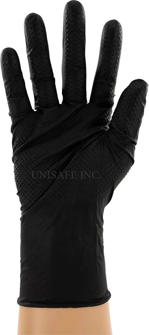 Heavy Duty Black Nitrile Gloves, 8 Mil Industrial Strength, raised diamond texture on hand for improved grip and traction.