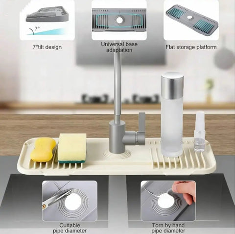 Kitchen Silicone Faucet Drip Catcher with Cuttable Circular Central for Kitchen Sink, Tailor-Made for Faucets with Deck Plate【Beige】