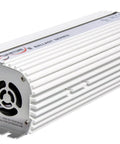 Close-up of a white dimmable 600W ballast for metal halide and high pressure sodium bulbs, 120V 240V ready with heat vents.