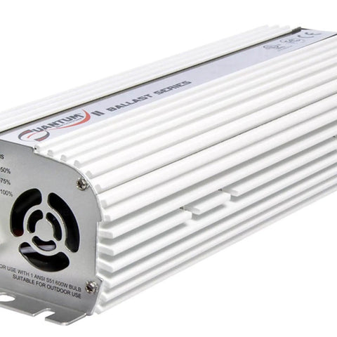 Close-up of a white dimmable 600W ballast for metal halide and high pressure sodium bulbs, 120V 240V ready with heat vents.